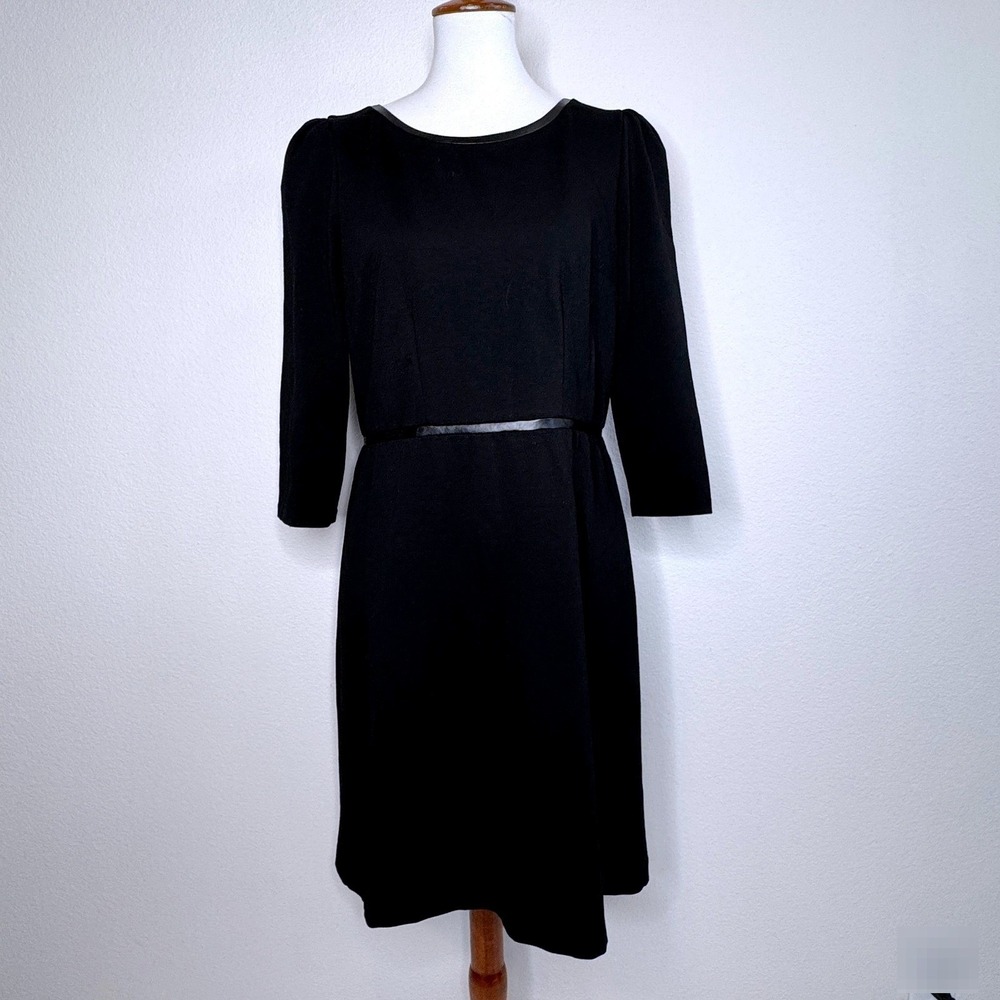 TALBOTS Shift Midi Dress 8 Black Faux Leather Trim‎ 3/4 Sleeve Capsule Wardrobe